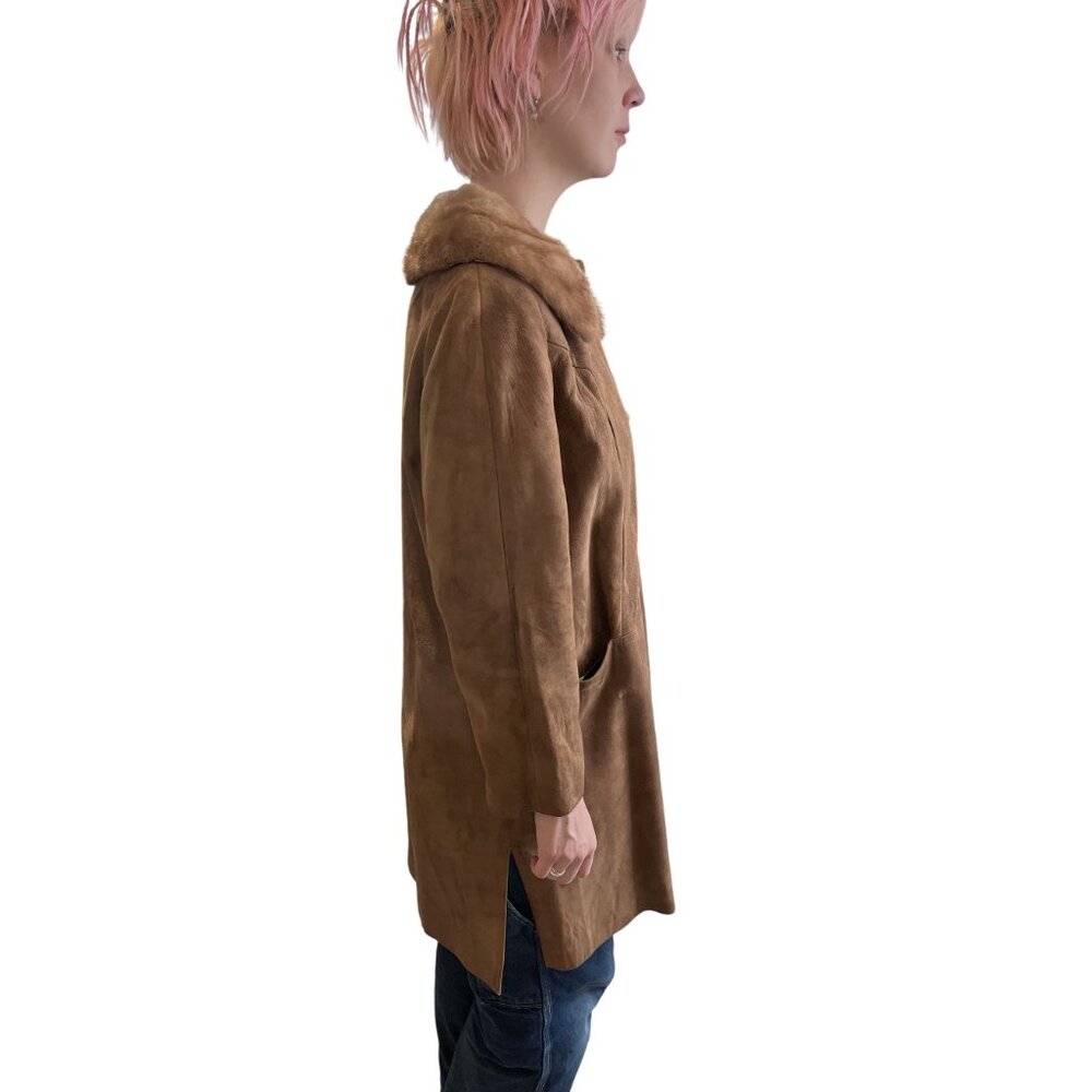 1960s Vintage Suede Coat With Mink Fur Collar Moonglow Buttons Satin Lining M - Picture 6 of 13